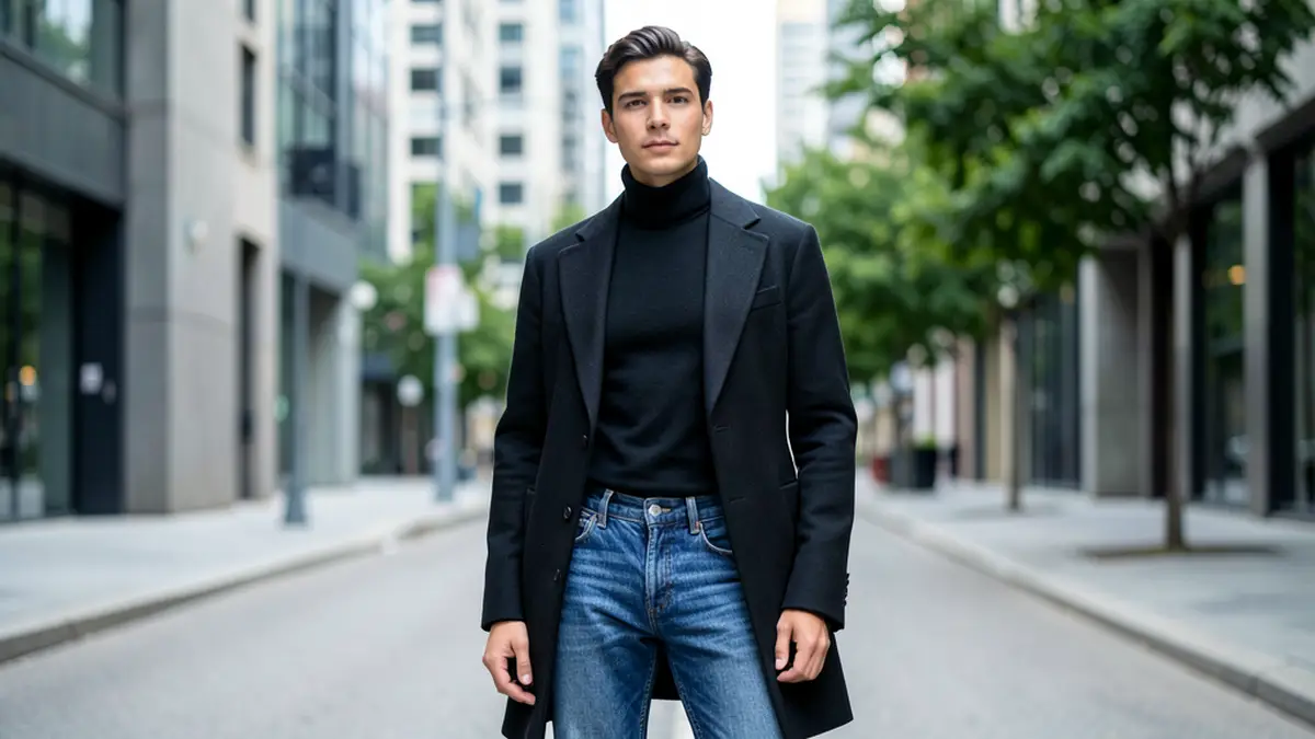 Изысканная минималистичная мода: джинсы, водолазка и пальто